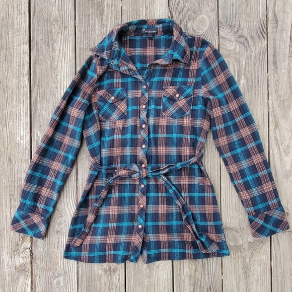 Forever 21 Tops - F21 teal and brown plaid flannel tunic